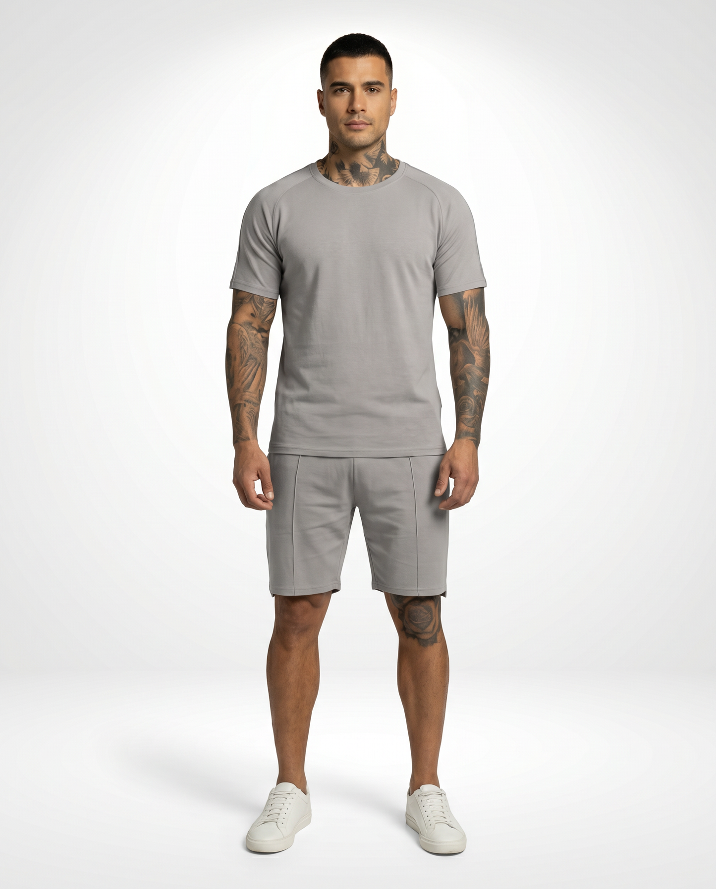Model wearing the Kresnal Capri casual tee and shorts set