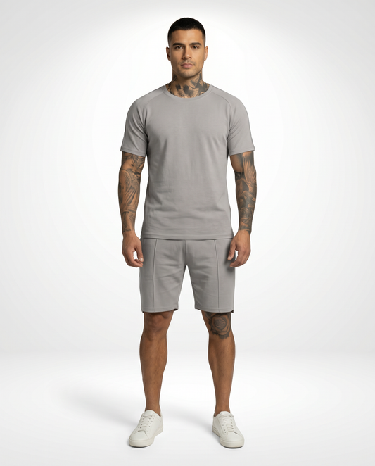Model wearing the Kresnal Capri casual tee and shorts set
