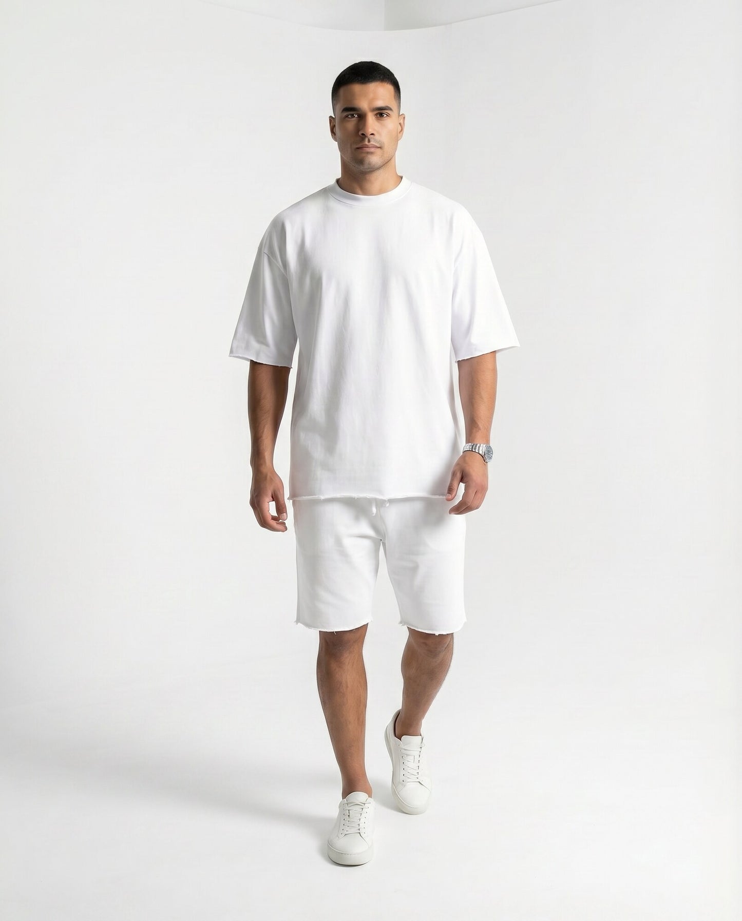 Model wearing the Kresnal Monaco oversized tee and shorts set