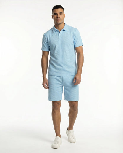 Kresnal Riviera polo and shorts set in Light Blue — front